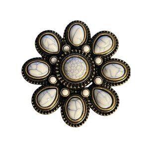 Premier Design Large Flower Brooch Pin Pendant Antique Gold Tone Acrylic 3" NWOT